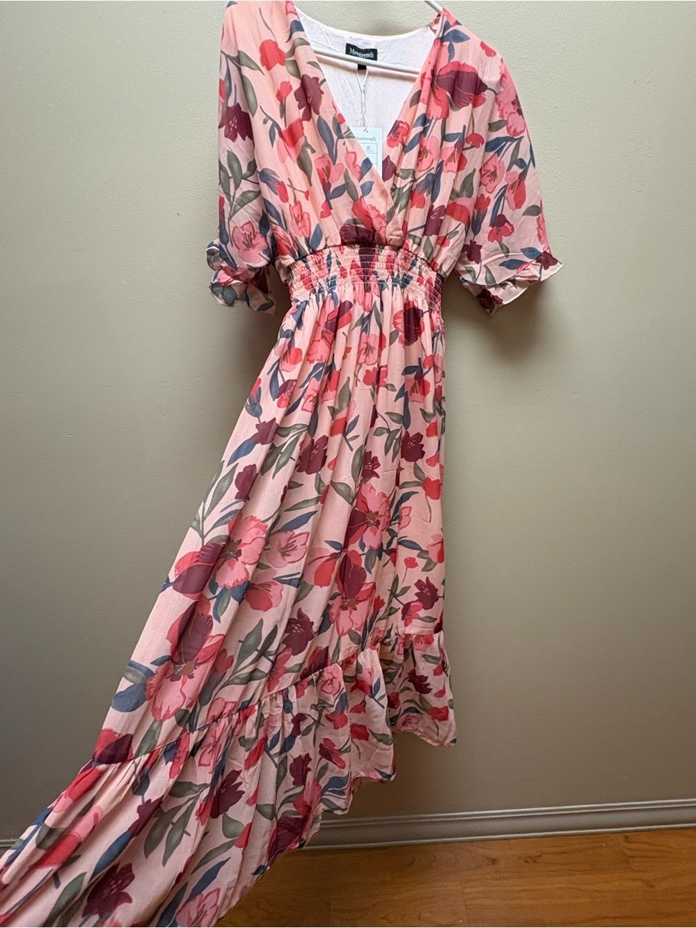 NWT Meeirendi Floral Pink V-Neck Maxi Dress with Smocked Waist size: L